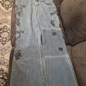 Boston Proper Floral Embroidered Wide Leg Jeans